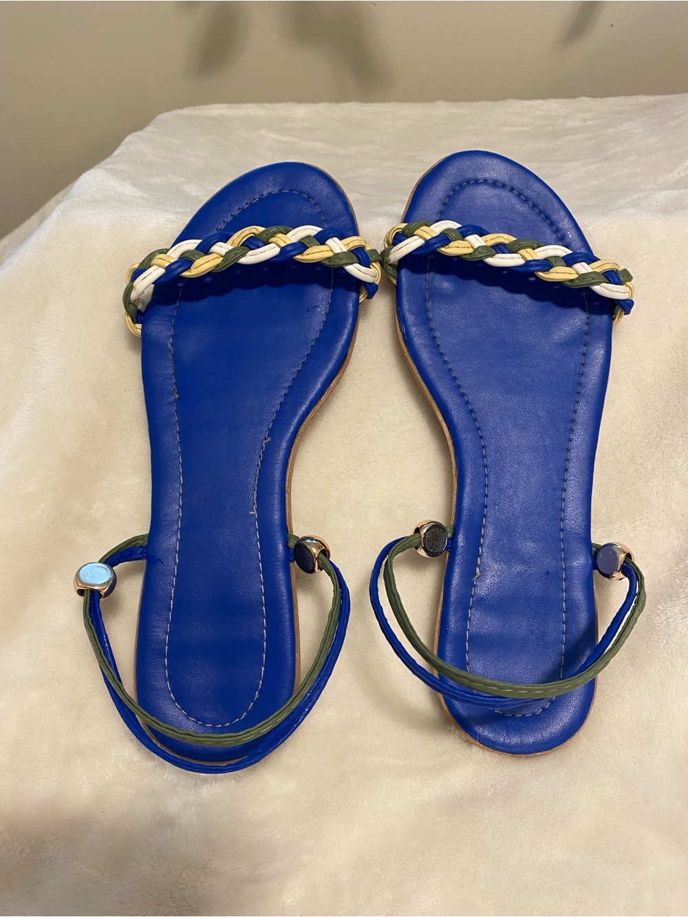 🌸 Brazil Cobalt Blue Flat Sandals with White, Green & Gold Braid